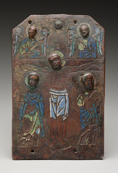 はりつけを描いた聖遺物箱のプラークの断片、11751200（銅の上にエナメル質を彫り、金箔を施したもの） 作： French School